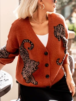 Women s Casual Lightweight Button Up Sweaters with Tiger Print Long Sleeves and Warm Knitwear for Fall Streetwear Fashion 5