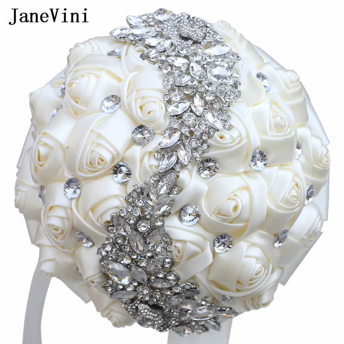 

JaneVini Sparkly Rhinestone Bride Holding Flowers Ivory Bridal Bouquets Artificial Satin Roses Ribbon Bouquet Wedding Decoration