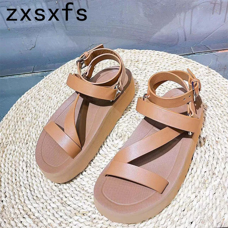 

2023 Summer New Leather Platform Flats Sandals for Women Open Toe Buckle Strap Thick Sole Mules Casual Walking Shoes Daily Shoes