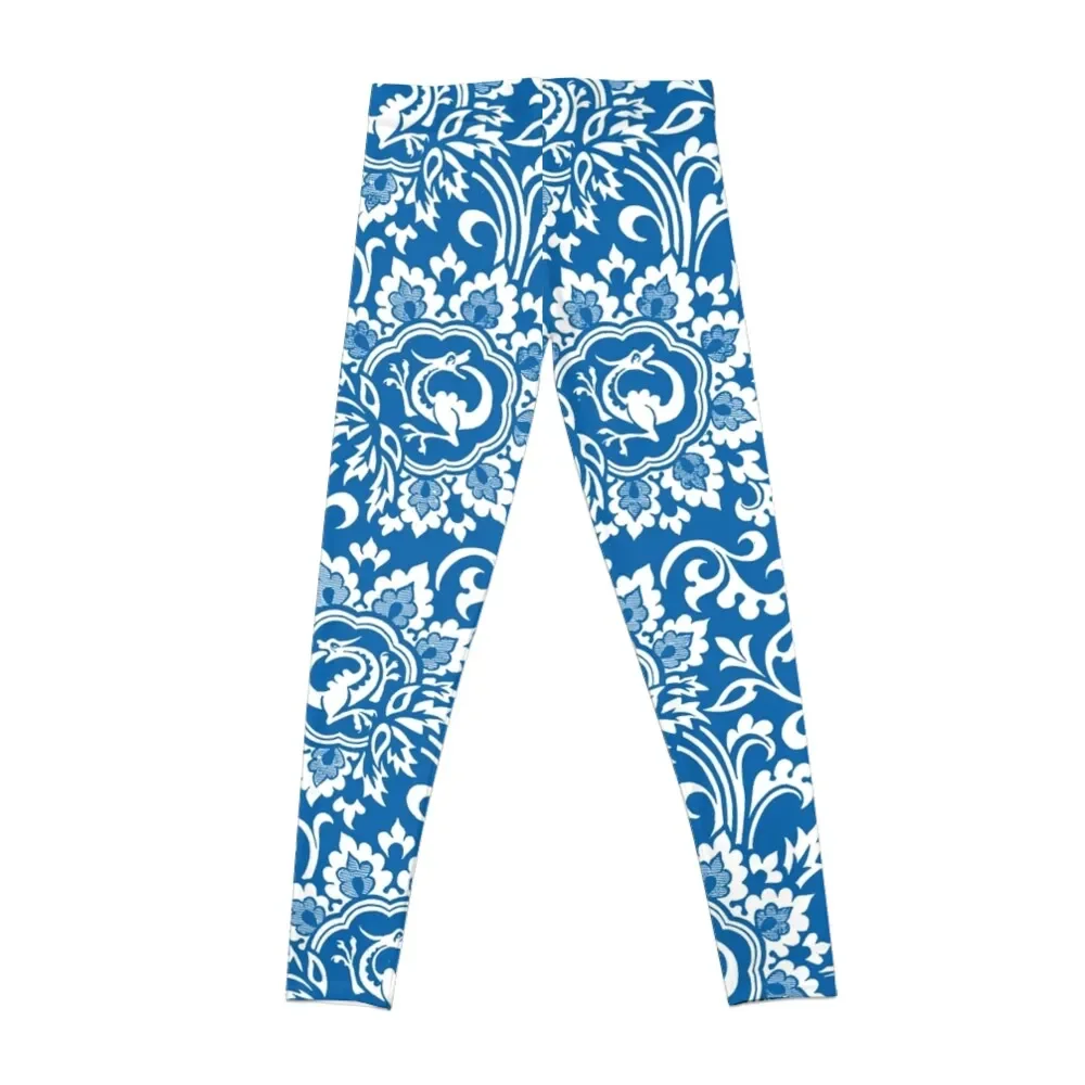 Delft Blue and White Floral Pattern Leggings Women's high waist Women's gym Women's sports Womens Leggings
