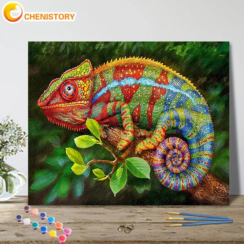 CHENISTORY – Kits de peinture par numéros avec caméléon, 40x50cm, image par numéros, décoration pour la maison, dessin sur toile, cadeau artistique 1