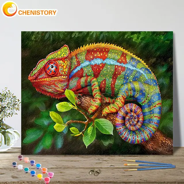 CHENISTORY – Kits de peinture par numéros avec caméléon, 40x50cm, image par numéros, décoration pour la maison, dessin sur toile, cadeau artistique 1