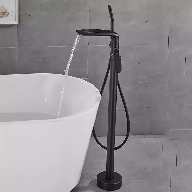 Black Faucet Set Floor Decked Brass Waterfall Bathtub Mixer Morden Style Bathroom Taps