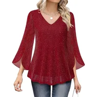 Plus Size 1XL-5XL Women's Fashionable V-neck Casual Ruffle Edge 3/4 Sleeve Loose and Comfortable Shirt - Image 5