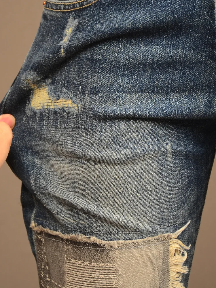 Retro Make Old Ripped Jeans Men\'s Street Handsome Slim Fit Skinny Stretch Cloth Patch High-End Casual Trousers