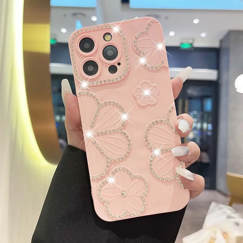 thumbnail image 1 of Funda transparente con diseño de flores y diamantes con baño de purpurina para iPhone 16 15 Pro Max 14 13 12 y 11 yangshaomei, 1 of 5