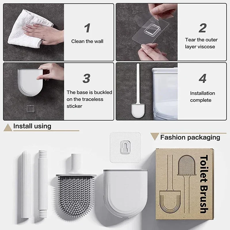 Wall-Mounted Silicone Toilet Brush Set Easy-Install Long-Handle No Dead Corners Efficient Cleaning Portable Design Holder
