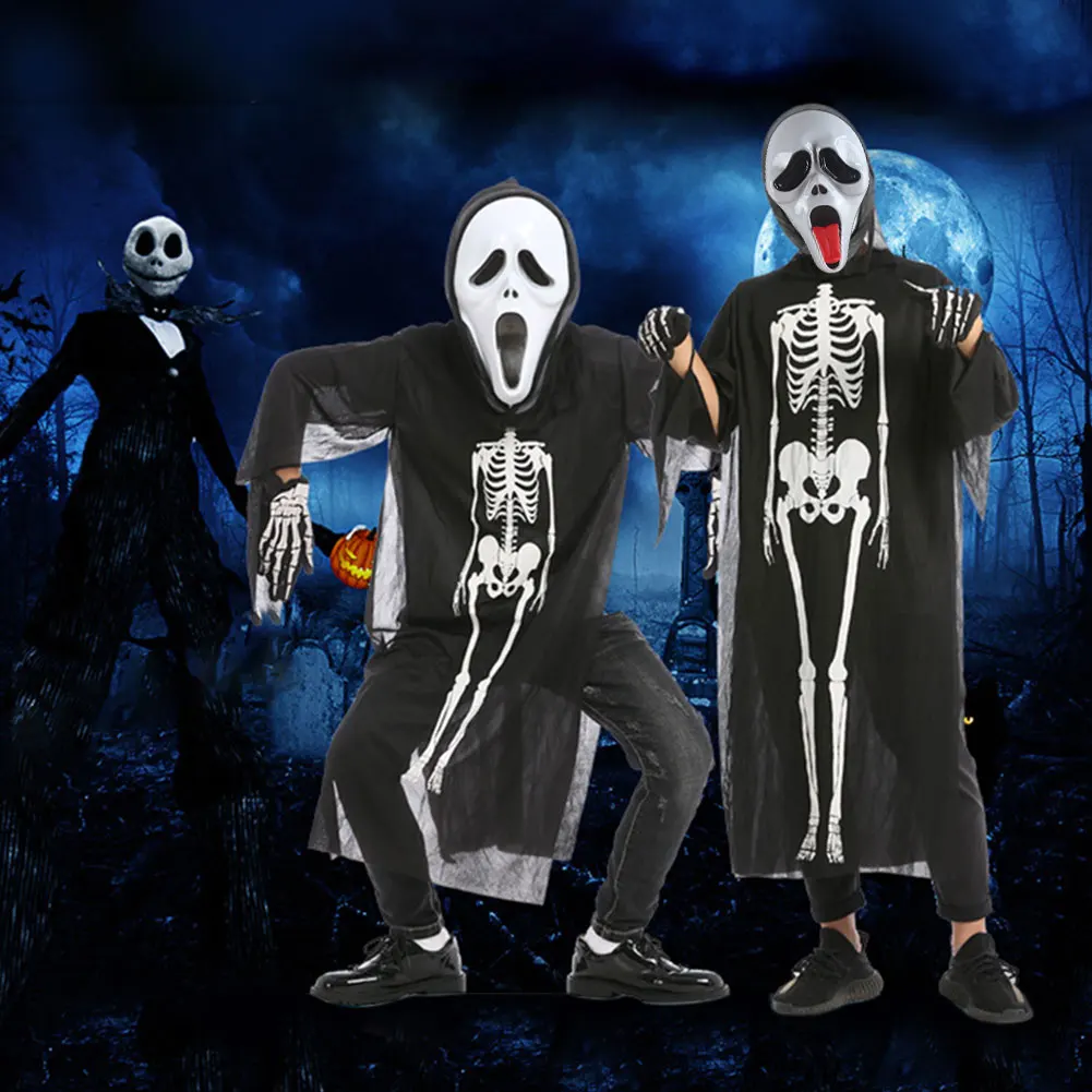 Halloween Scary Costume Grim Reaper Costume for Girls Boys Kids Adults with Gloves Masks Masquerade Cosplay Party Props