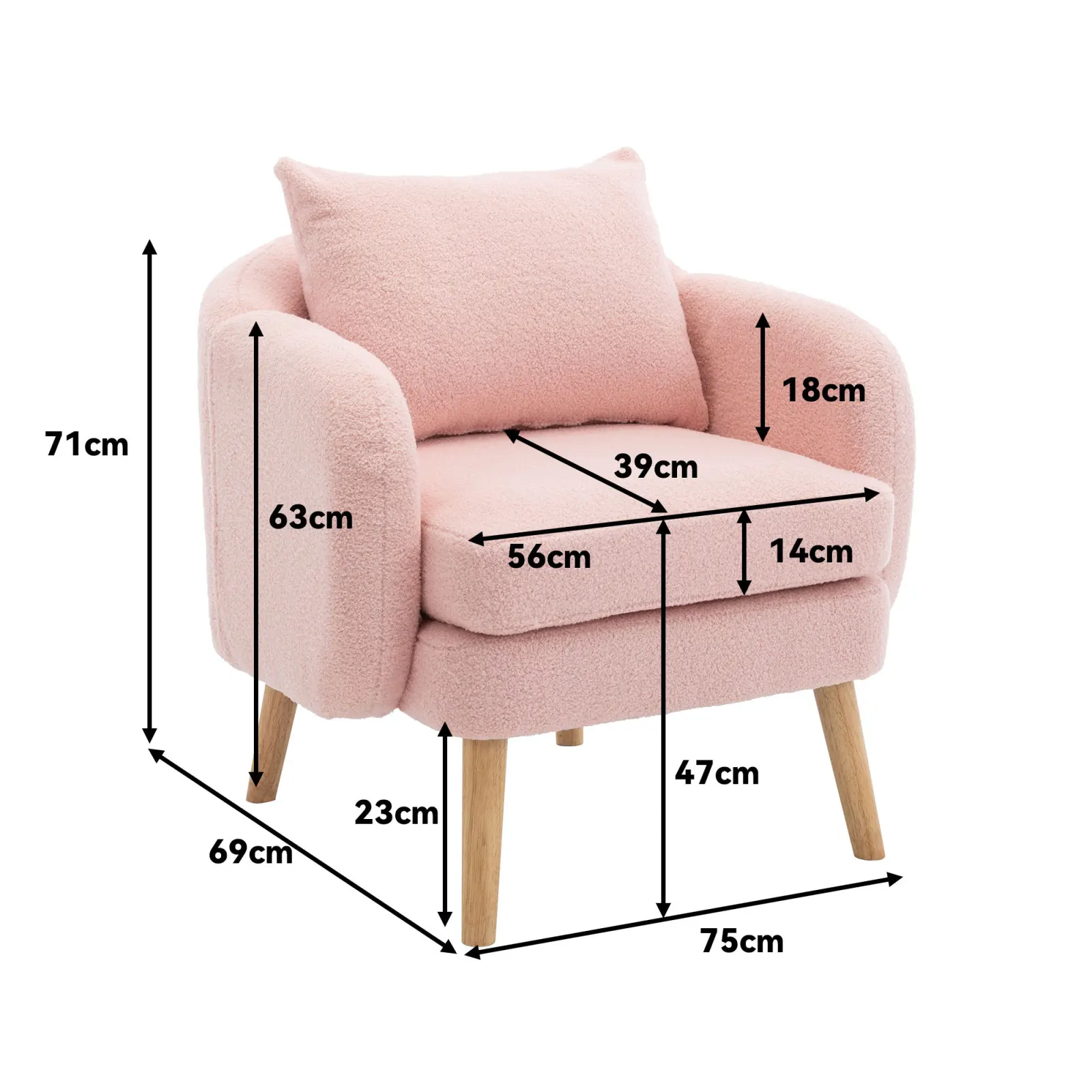 Comanlai Modern Leisure Chair with Thicken Cushion,Upholstered Armchair,Relaxing Chair,Solid Wood Leg,Single Sofa,Pink