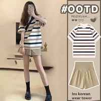 Maternity Summer Suit Short-Sleeved Fashion Summer New Shorts Casual Lazy Striped Top Short-Sleeved Shorts Two-Piece Set Yankee 1