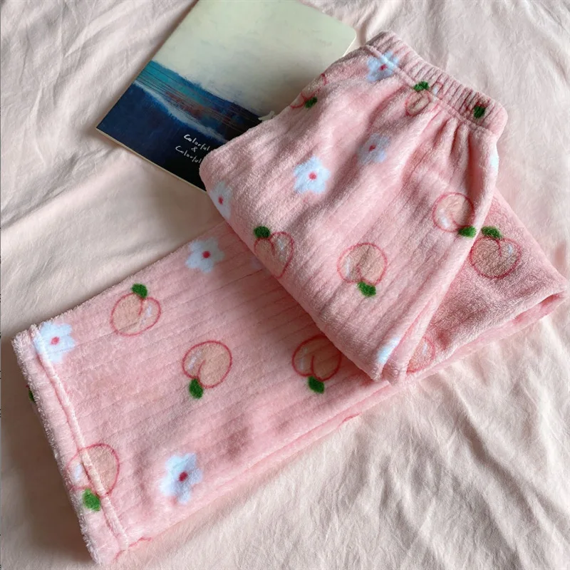 Autumn and Winter Women's New Pajama Pants Girls Student Sleeping Pants Warm Pants Coral Fleece Pants Thickened Warm Casual Home