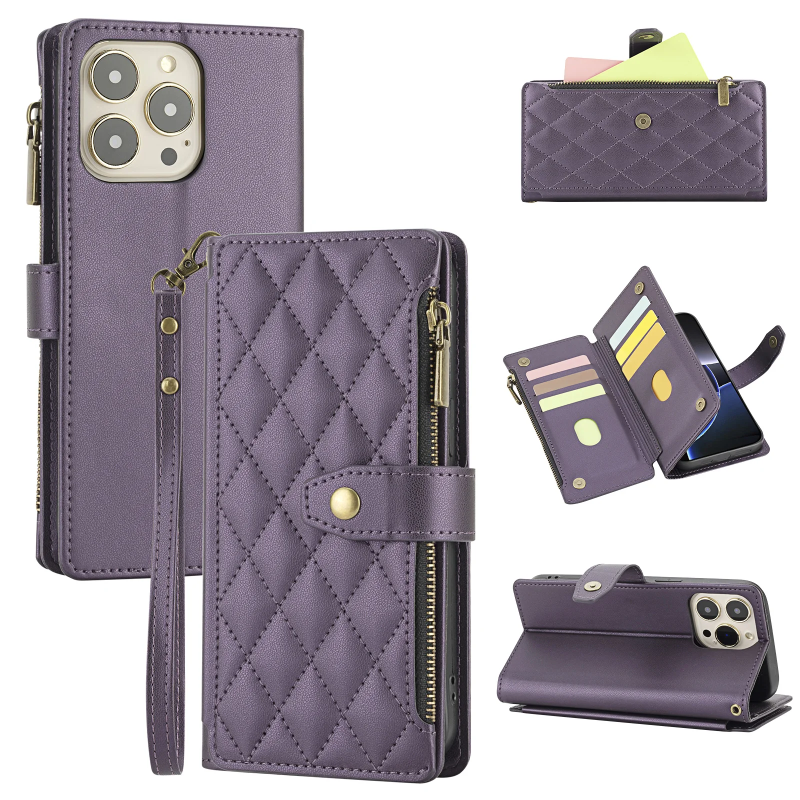 Premium Faux Leather Wallet Phone Case with Card Holder, Wrist Strap, and Zipper Coin Pocket