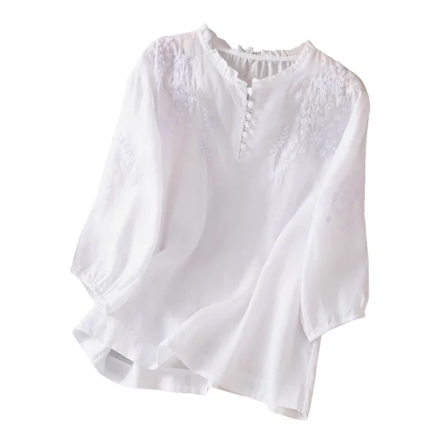 Leinen Tops Damen Mit V-Ausschnitt - Leichte Sommerbluse 3/4 Ärmel