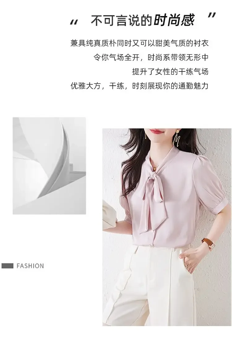 Sommer Design Sinn Schal Hals Bogen Casual Kurzarm Shirt Frauen Solide Temperament Licht und Reife Pendeln Vielseitig Top – Detail 3