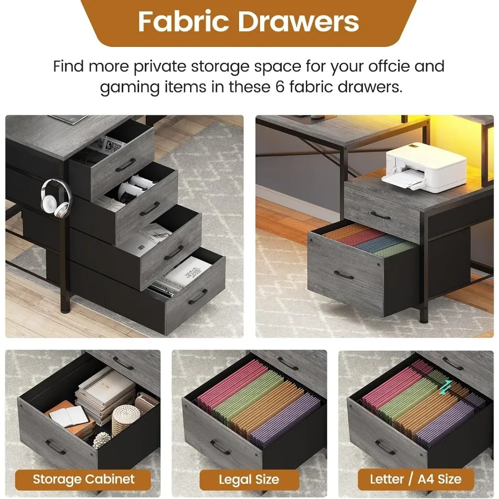 L Shaped Desk with 6 Drawer, 108" Office Desk with File Drawer & Power Outlet, Corner Computer Desk,Two Person Desk, Gaming Desk 4