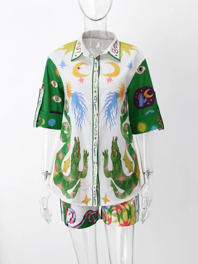 2024 Summer Print Women Shirt Shorts Sets  Beach Holiday Casual Loose Lady Suits Short Sleeve Shirts Elastic Waist Shorts Set