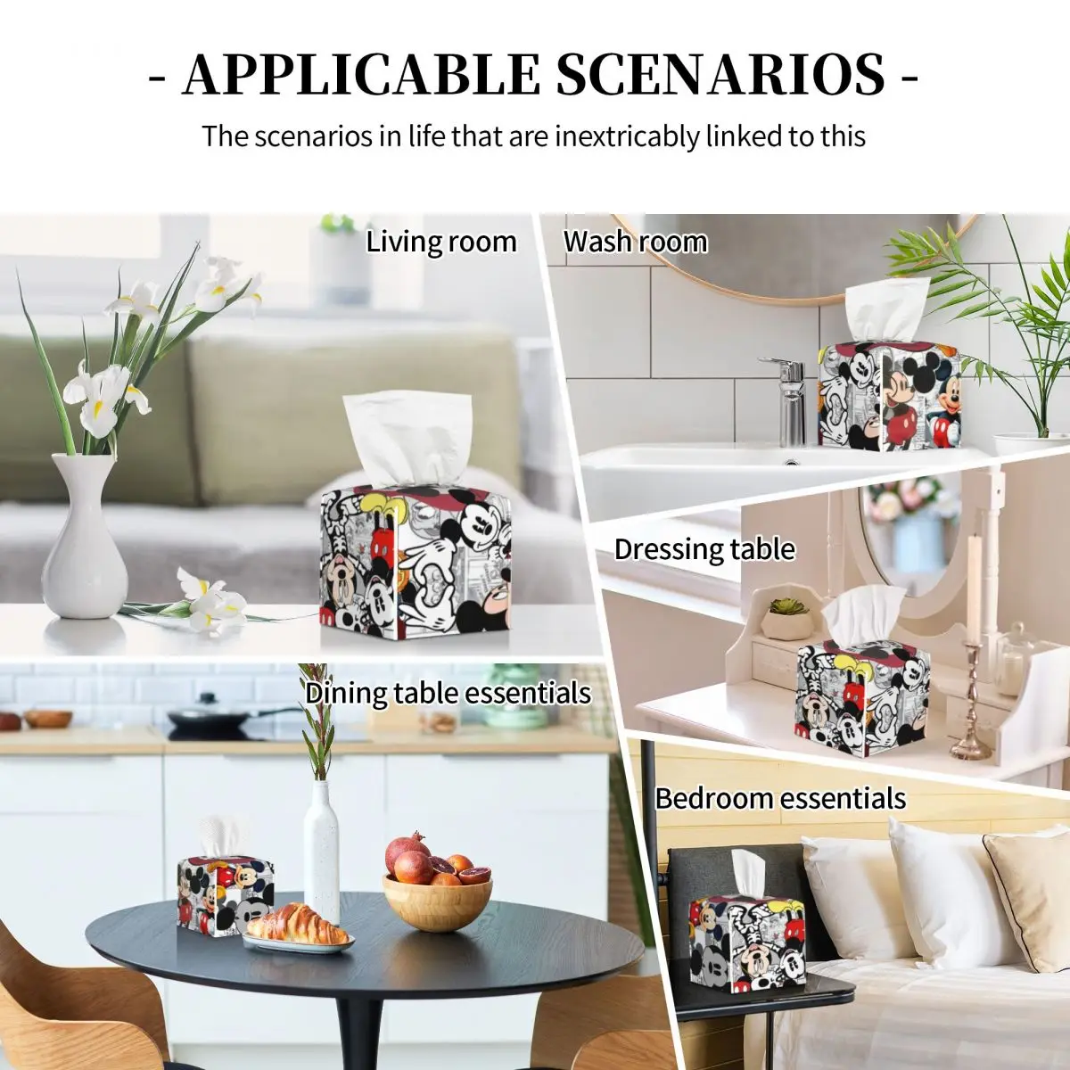Custom Comics Mickey Mouse Tissue Box Cover for Bathroom Toilet Cartoon Square PU Leather Facial Tissue Box Holder 5