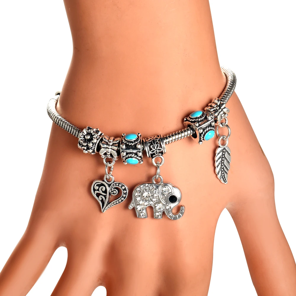 Multi Style Rhinestone 6 Color Beaded Bangle Lobster Buckle Adjustable Snake Chain Elephant Bracelet Pendant Woman Jewelry Gift