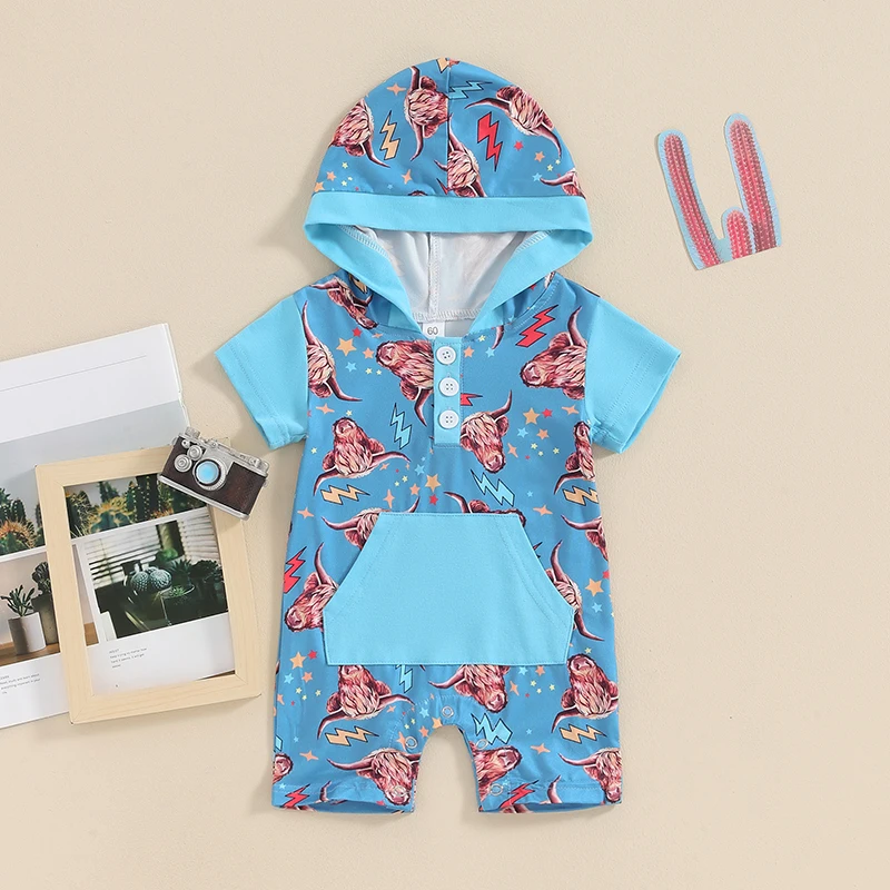 

Newborn Infant Baby Boys Jumpsuits Clothing Sleeveless Hooded Cow Head Print Summer Romper Clothes for Casual Daily