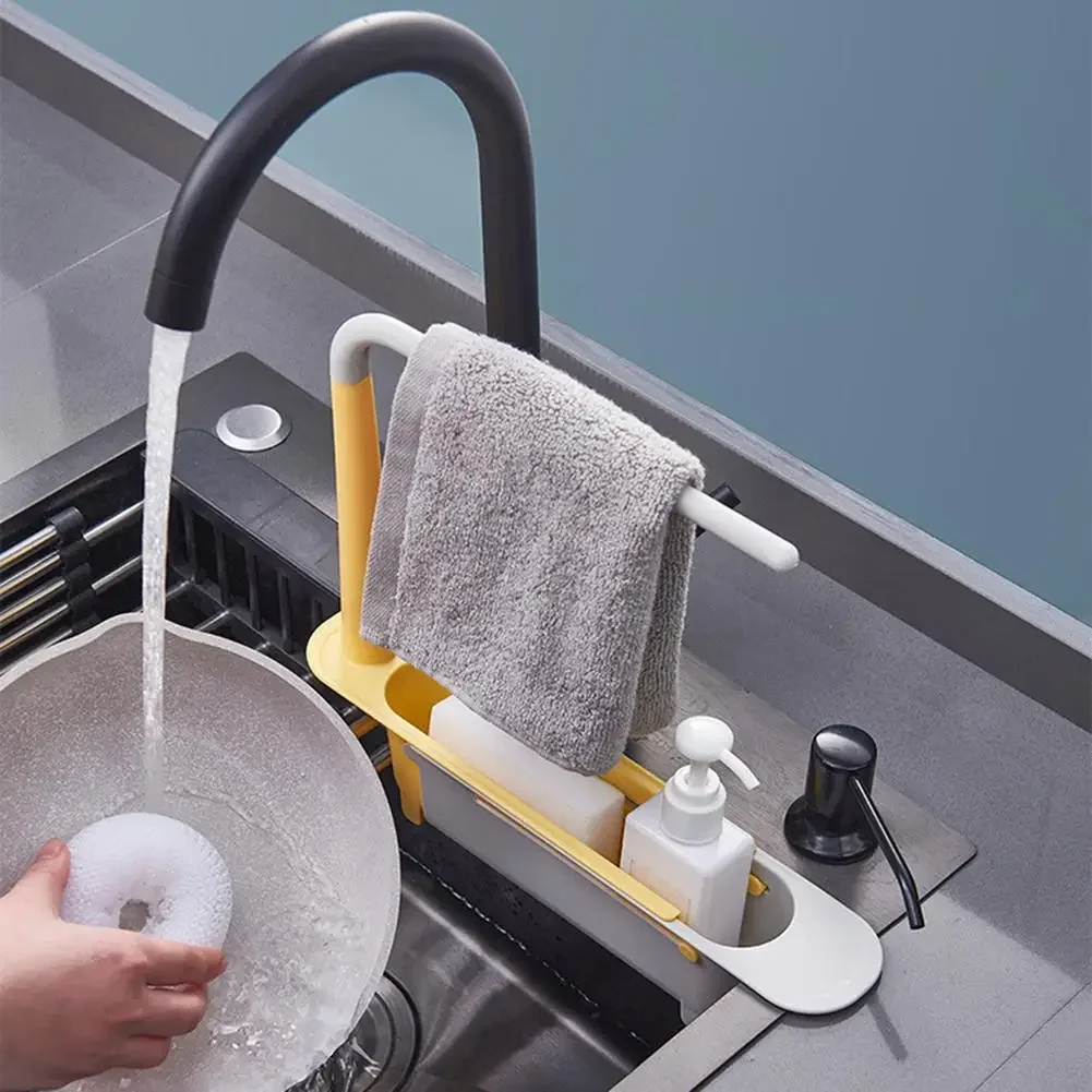 Kitchen Telescopic Sink Organizer Rack Telescopic Faucet Organizer for Soap Towel Sponge Storage Adjustable Shelf Storage Rack 3
