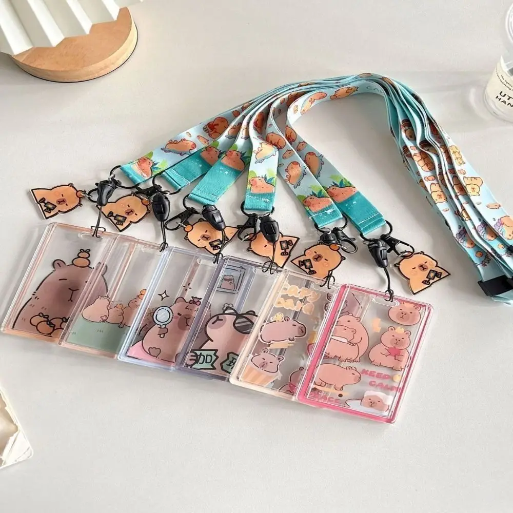 Sliding Cartoon Card Case Acrylic Bus Card Cover Capybara Holder ID Long Cord Transparent Holder