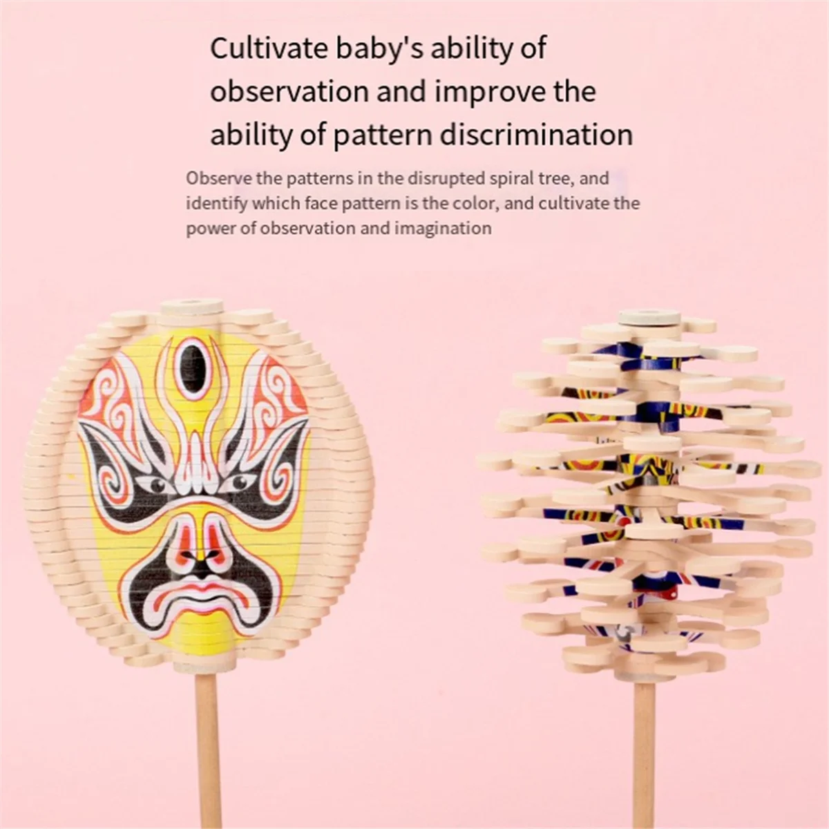 Wooden Spiral Lollipop Toys Rotating Spin Magic Wand Stress Relief for Adults Chinese Opera Face Yellow 3