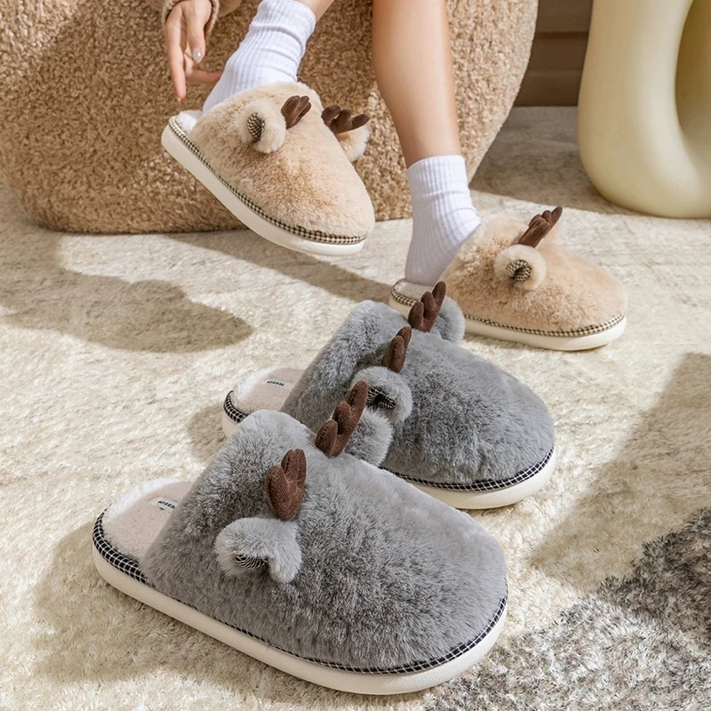 Cute Fawn Flurry Slippers Women 2025 New Indoor Thick Bottom Non Slip Plush Slippers Woman Fashion Round Toe Home Slides Ladies