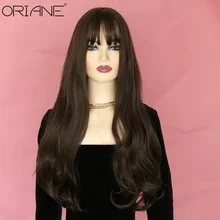 

ORIANE Long Wavy Synthetic Wigs With Bangs For Women Natural Hairline High Temperature Wigs Cool Brown Lolita Cosplay Wigs