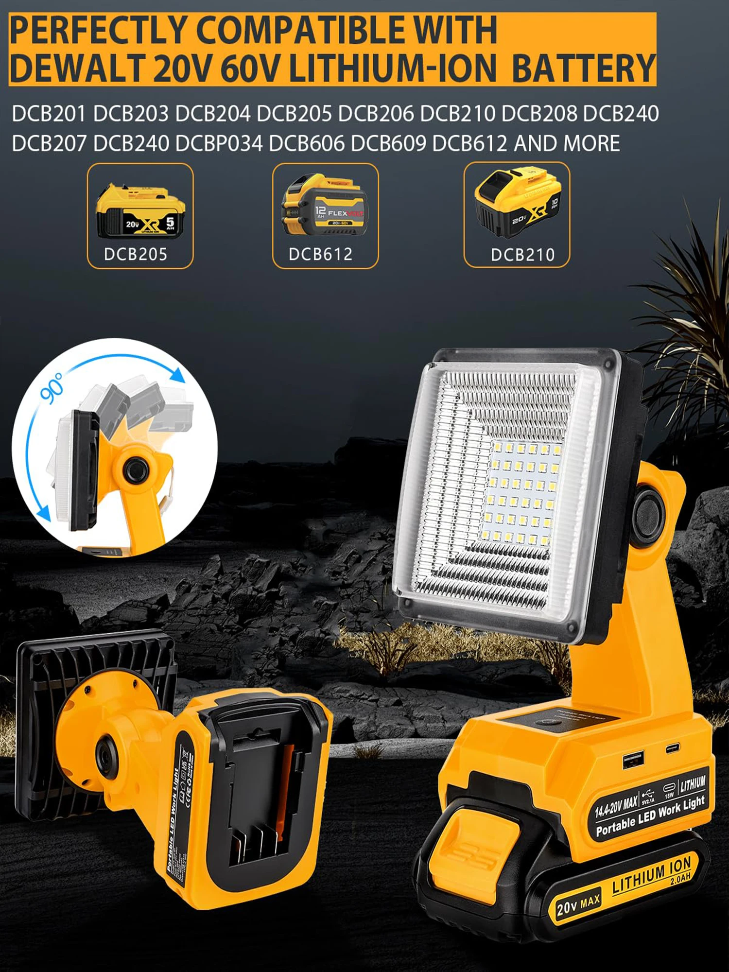 25W LED Work Light for Dewalt Battery Outdoor Flood Light with Fast Charging Por