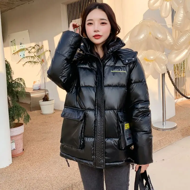 2023 New Women Down Cotton Coat Winter Jacket Female Short Glossy Parkas Loose Warm Outwear Hooded Fashion Versatile Overcoat