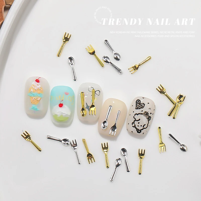 50Pcs Mixed Ins Niche Tableware Series Spoon Fork Nail 3D Metal Nail Mold Nail Decorations DIY Nail Art Charm Accessories 3