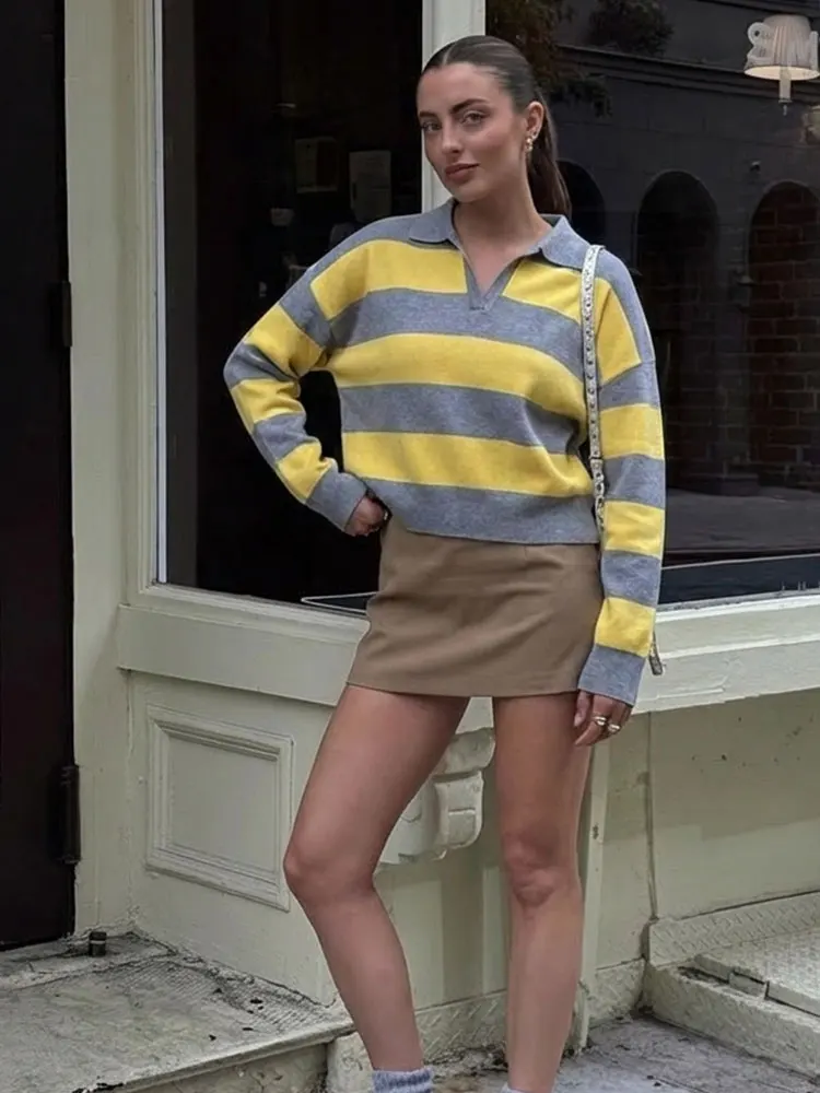 HH Women Fashion Striped Knitted Polo Shirts Vintage Long Sleeve Pullover Sweater 2026 Spring Female Trend Streetwear Tops