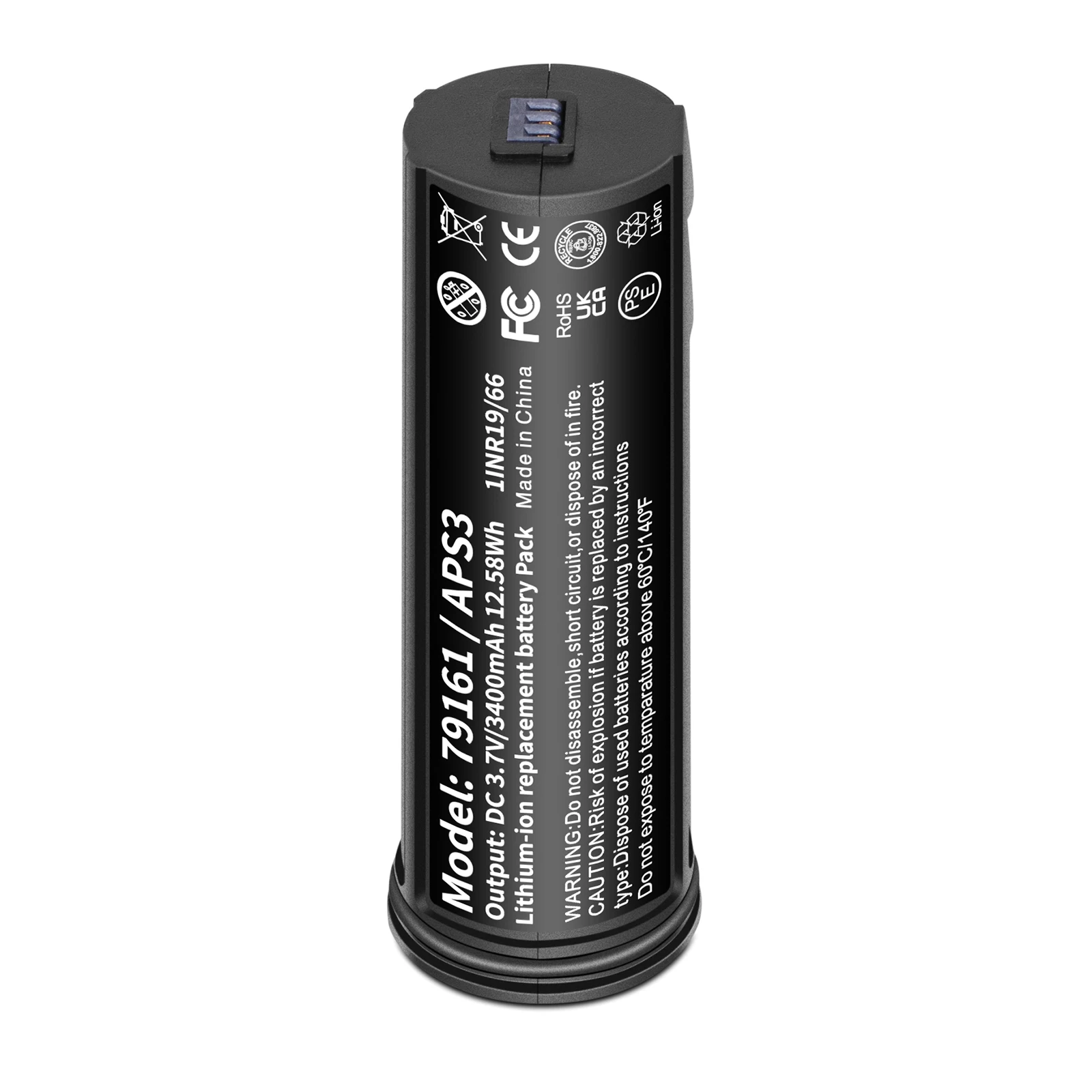 Vue arrière de la batterie Pulsar APS3 3400mAh avec les spécifications techniques imprimées et le logo Pulsar.