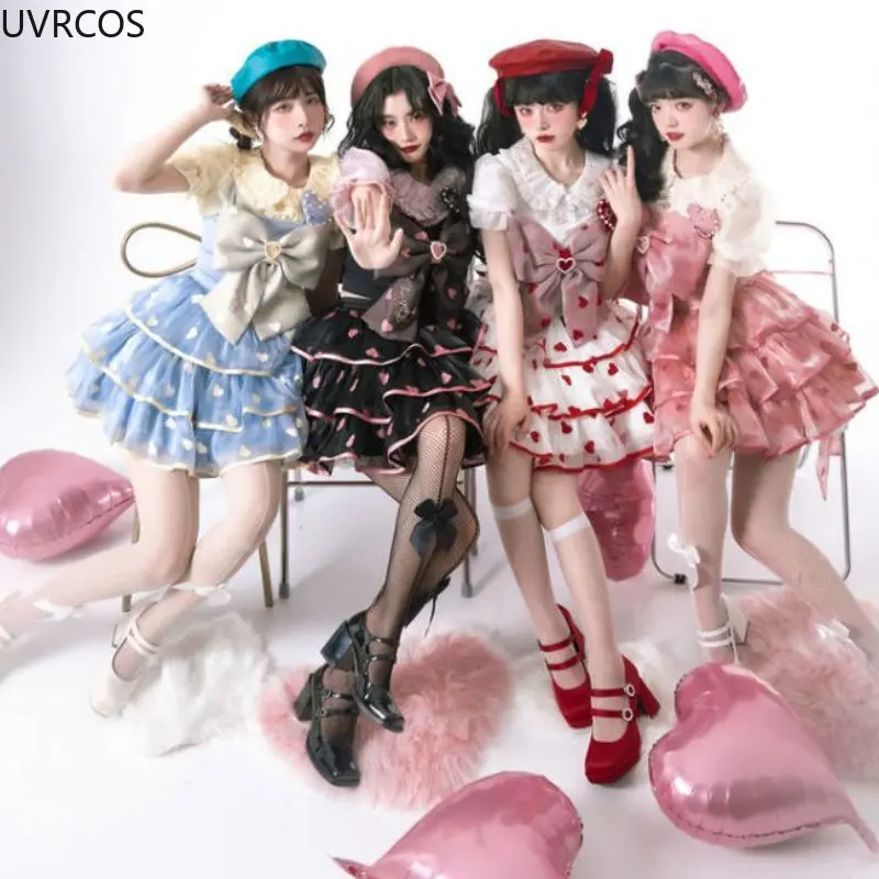 Japanese Victorian Lolita Dresses Women Gothic Lace Bow Y2k Tank Tops Tiered Love Cake Skirt Suit Kawaii Sweet Lolita Sets
