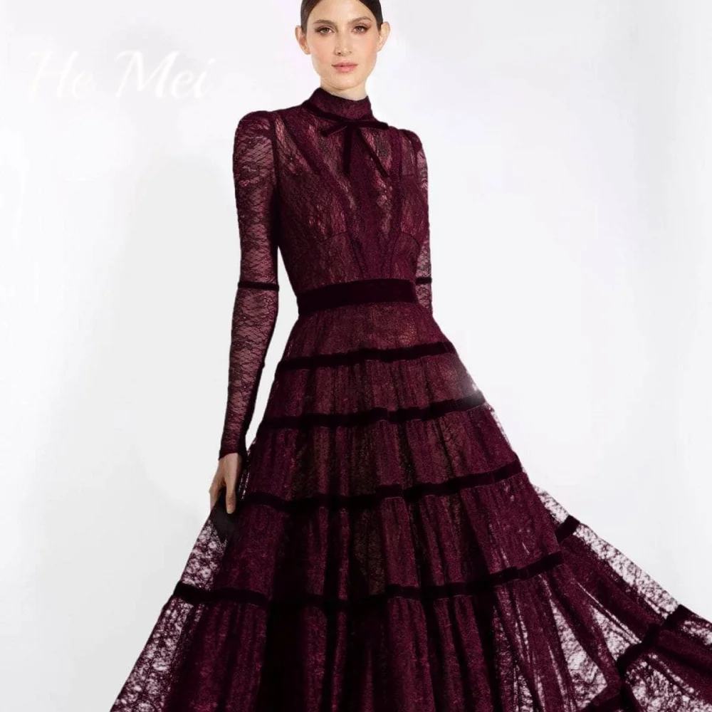 Prom Dress For Women Exquisite Lace O-Neck Illusional Formal Occasion Evening Gowns Long Sleeves A Line Party Dresses women prom dresses