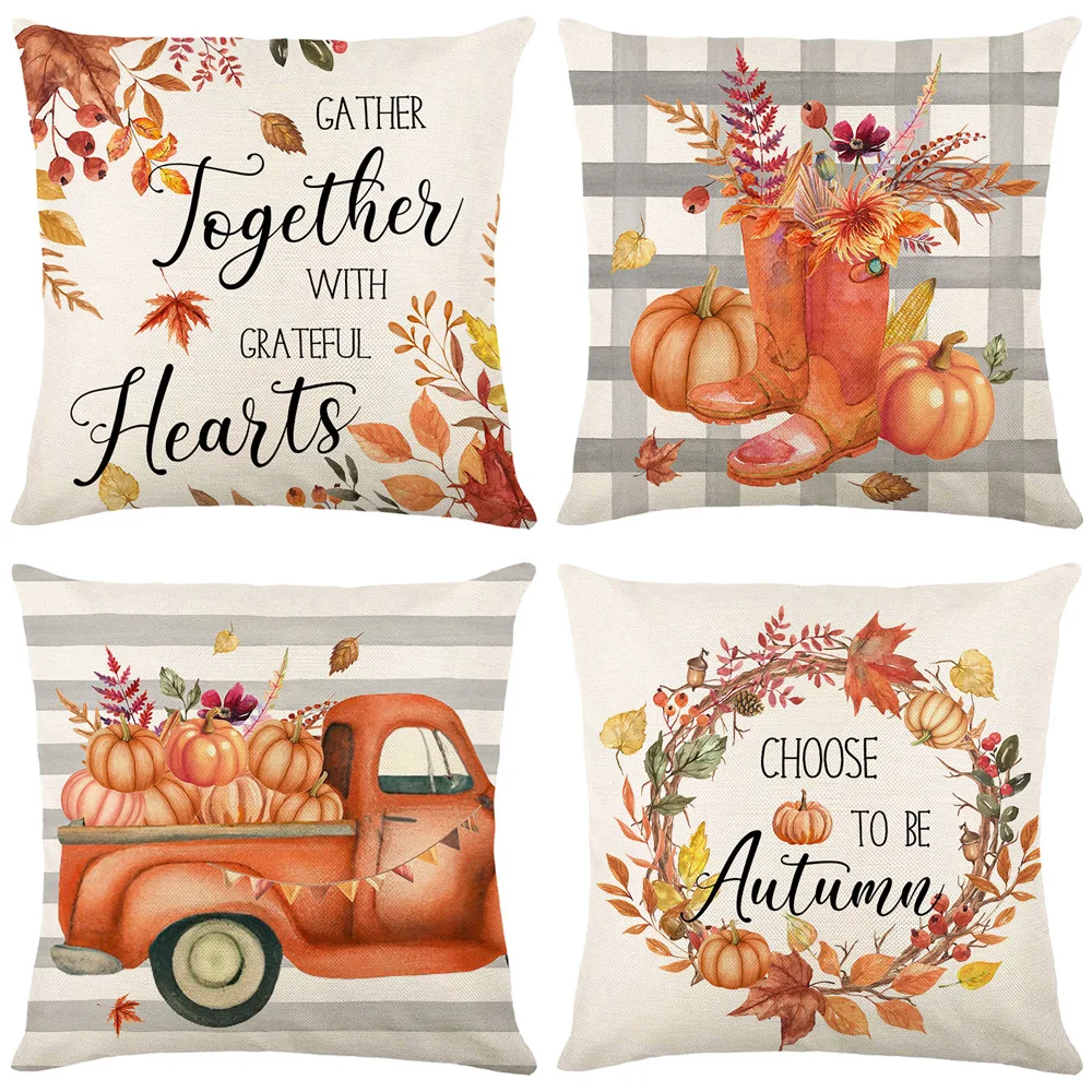 

Autumn Thanksgiving Decorative Cushion Cover Maple Leaves Pumpkin Plant Print Pillowcase Farmhouse Home Sofa Decor Pillow Cover