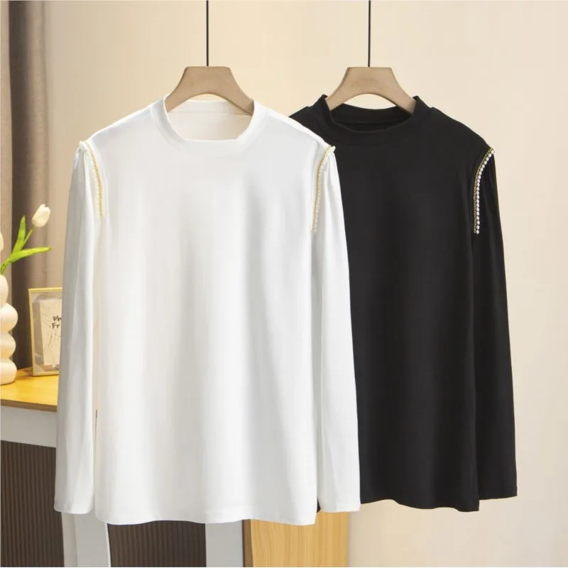 2023 Autumn Clothes Women Plus Size T-Shirt Stylish Beading Shoulder Long Sleeve Base Tee Loose Casual Solid Color Top