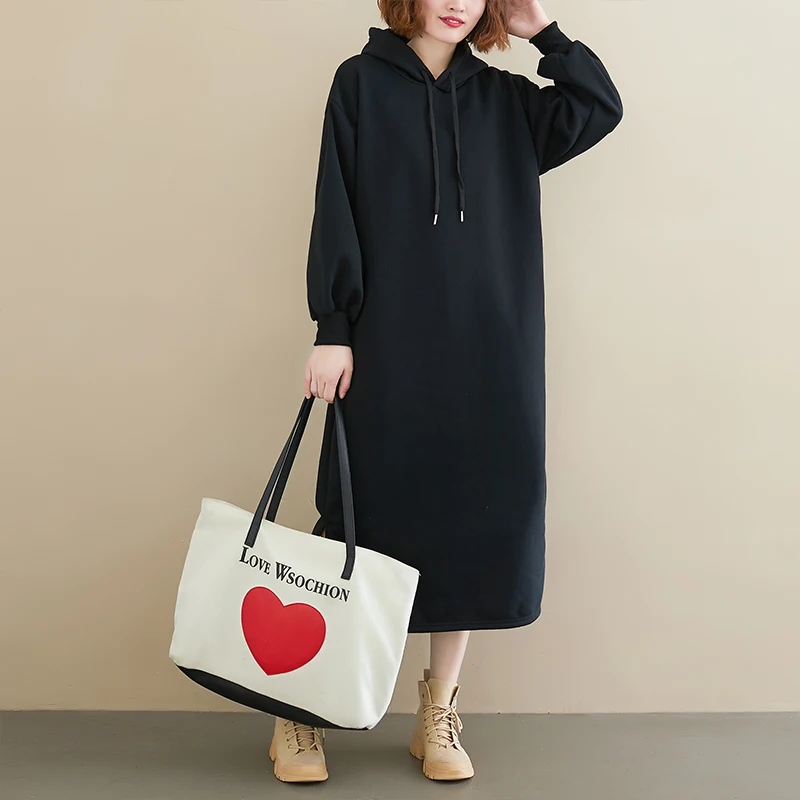 

New Autumn Winter Hooded Solid Sweateshirt Dresses Women Long Sleeve Fashion Casual Dress Elegant Clothes Vestidos Robe Femme