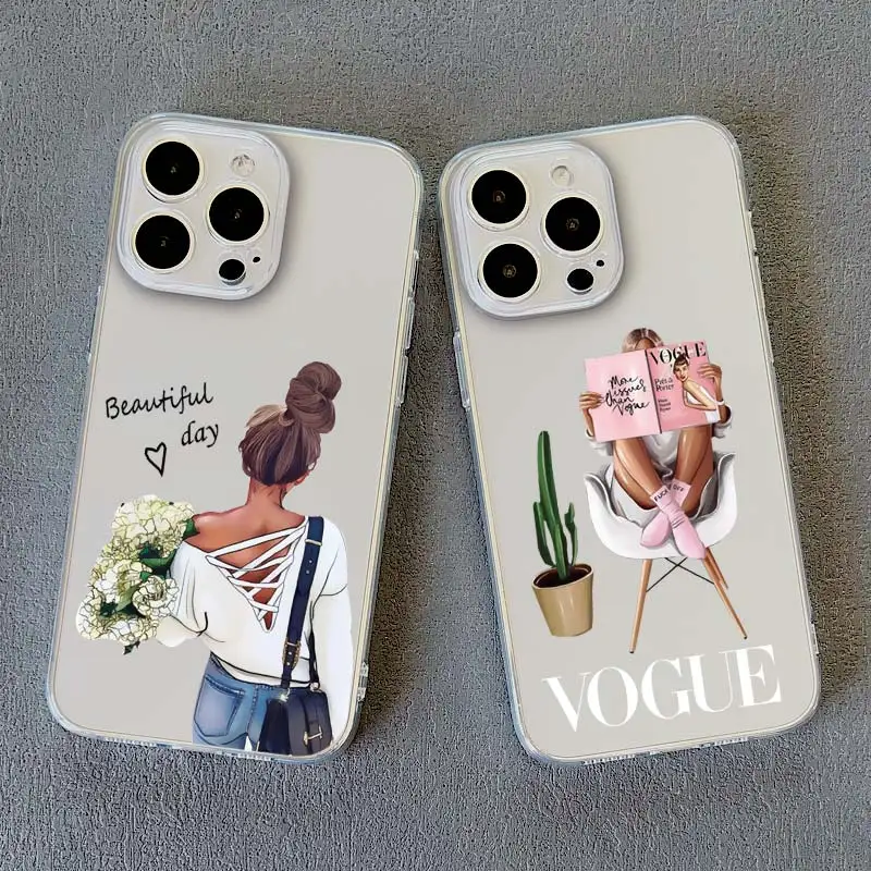 

Case For iPhone 13 12 11 Pro Max 14 Pro Max Plus XS X XR 7 8 Plus SE 2020 Cute Fashion Girls Transparent Soft Rear Phone Covers