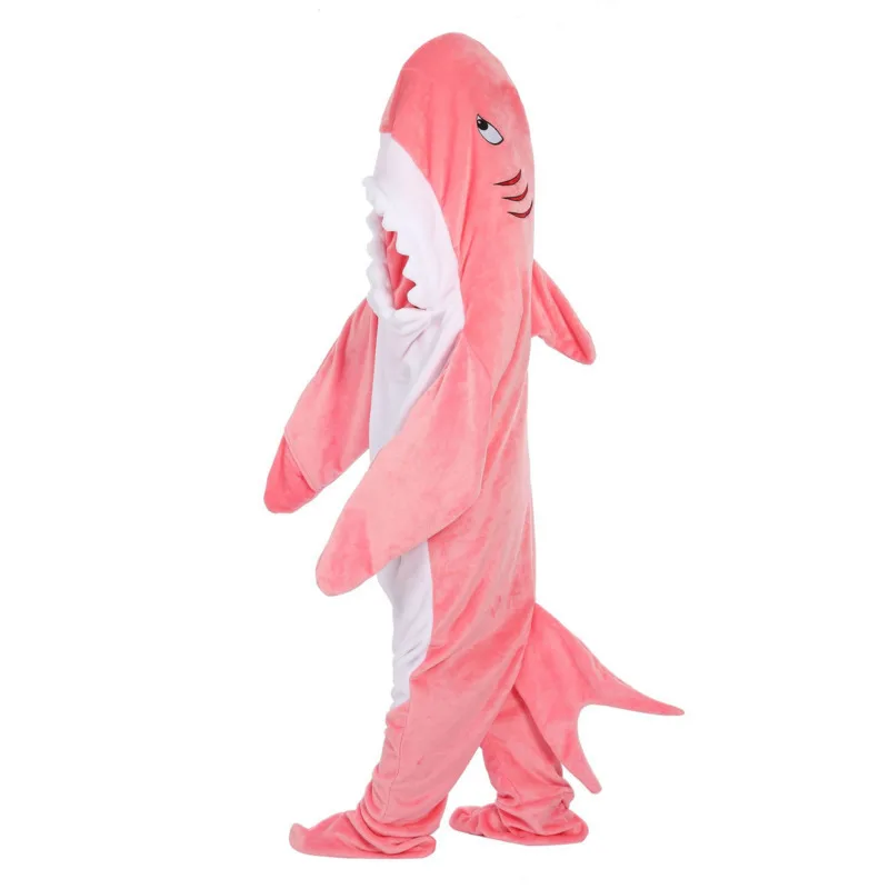 New Shark Shaped Plush Hooded Pajamas For Women And Men Y2k Pink Cute Warm Onesies Couple Jumpsuit Winter Home Casual Nightgown