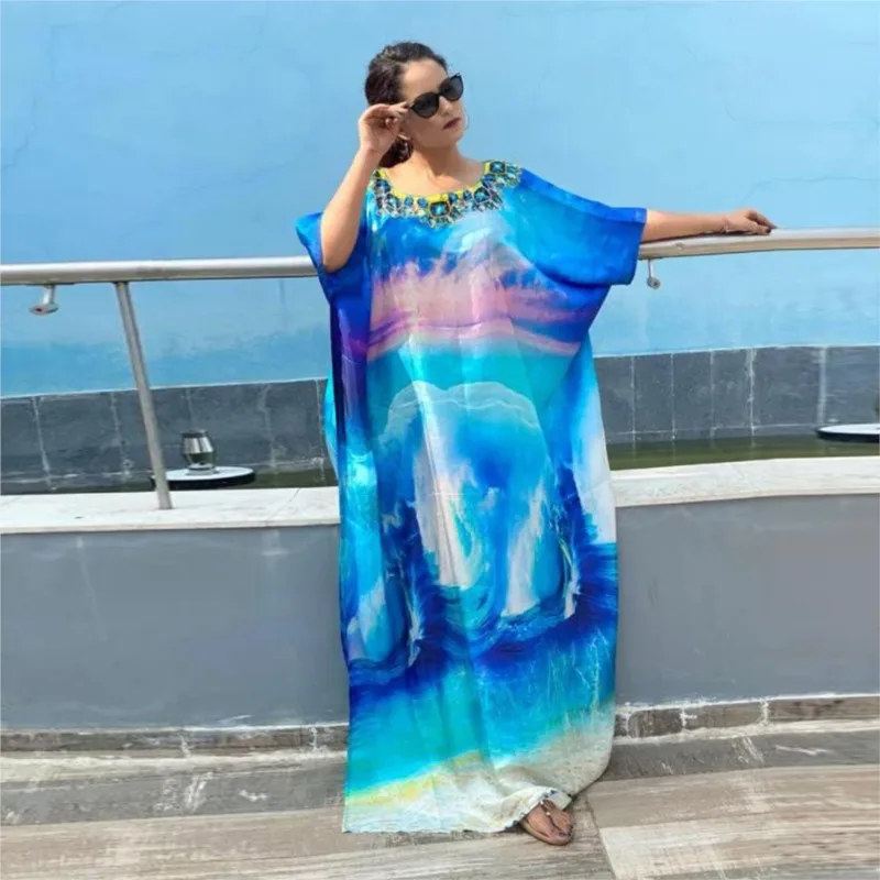 

European and American Middle East Muslim plus Size Robe Women's Holiday Floral Print Blouse Beach Dress