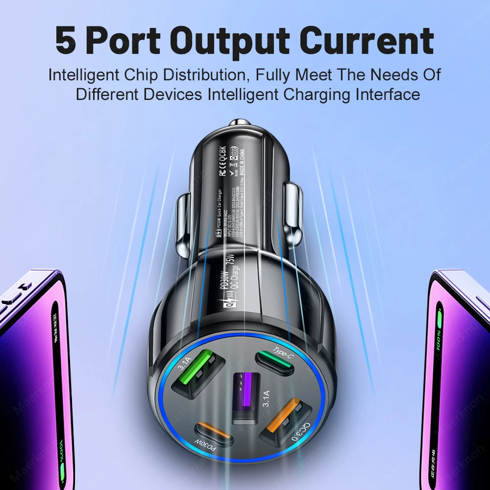 5 Ports USB Car Charger 75W PD Type C Fast Charging Charger In Car For iPhone Sa