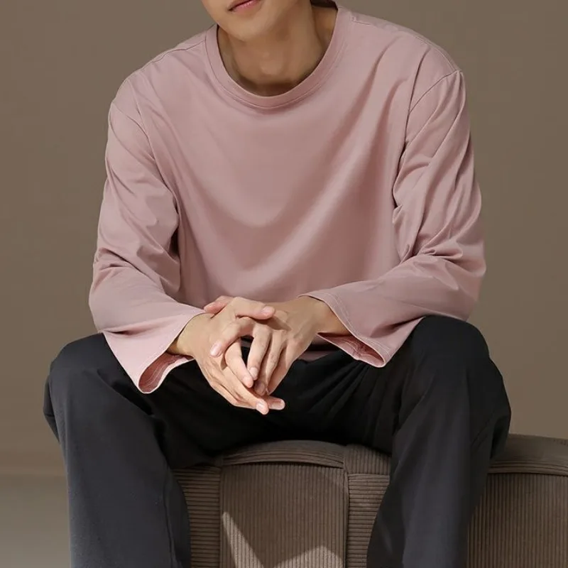 2024 Latest Men Cotton Pajamas Set Spring Autumn Round Neck Nightdress Long Sleeve Youth Sleepwear Casual Solid Color Pyjamas