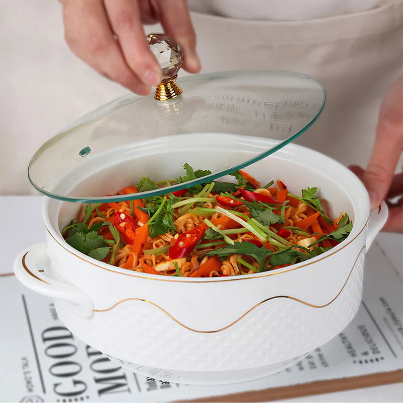 Ceramic Tableware Set Ceramic Soup Bowl Phnom With Glass Cover Handle Salad Fruit Large Noodle Rice Food Pot Home Dessert Breakfast Oatmeal Tableware