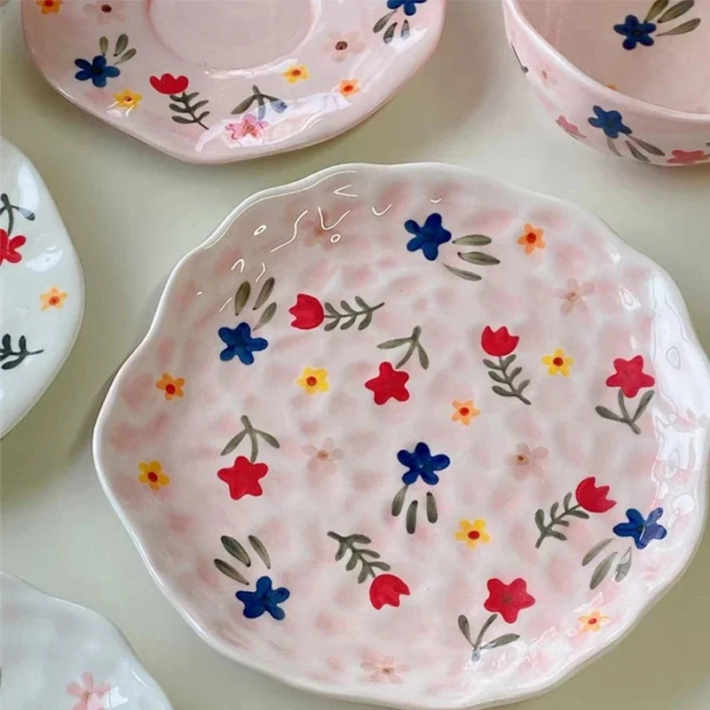 Hand-painted Ceramic Cup Saucer Dishes Irregular Dinner Plates Kitchen Household Flora Pattern Creative Gift