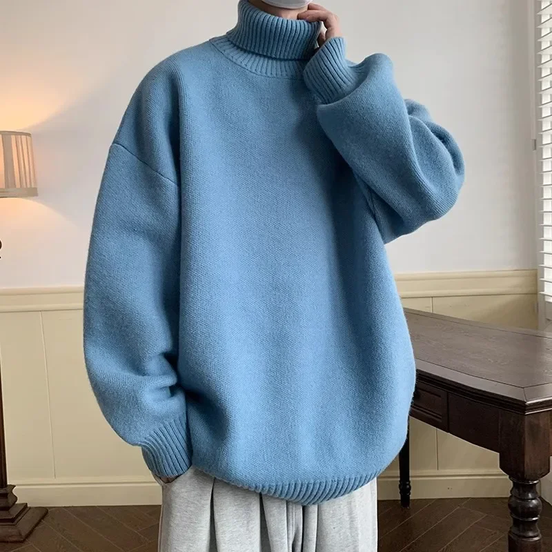 Autumn Winter Loose Casual Turtleneck Sweater Men Fashion Knitted Pullovers Men Solid Color Warm Harajuku Knitting Sweaters Man 6