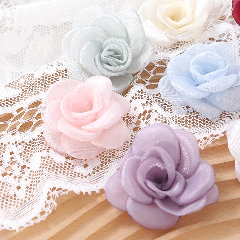 Elegant White Chiffon Camellia Rose Fabric Flowers - Set of 8