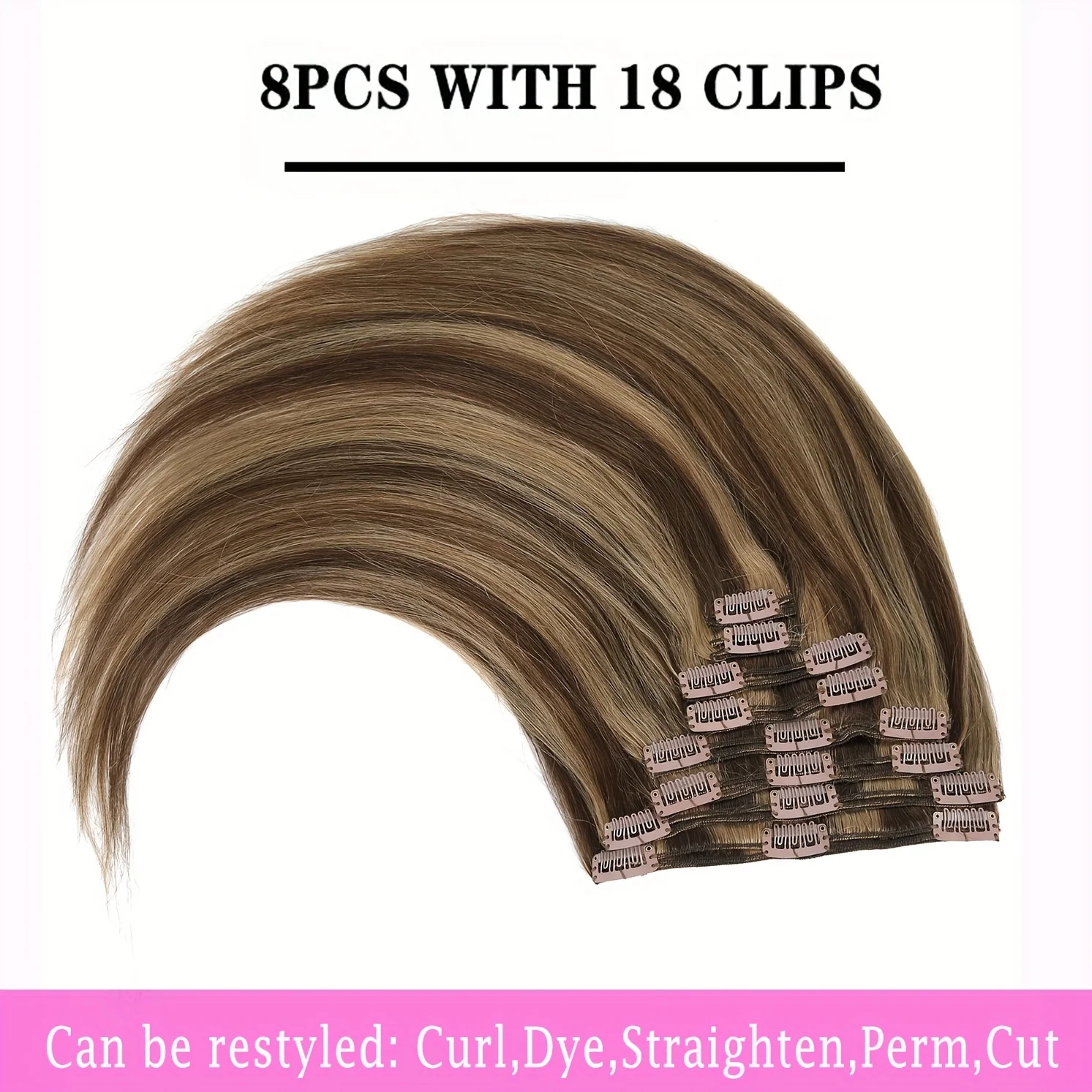 #4p27 Color Clip in Hair Extensions 8pcs Double Weft Human Hair Full Head Extensions 18 Clips 10"-24"For Women