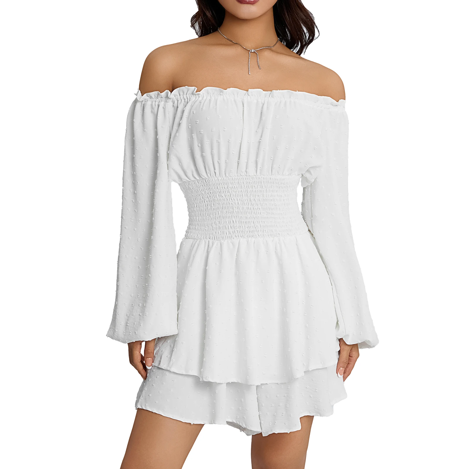 

Women's Puff Sleeve Romper Summer Ruched Long Sleeve Flowy Layered Short Jumpsuit Elastic Waist Flouncing Off Shoulder Playsuits