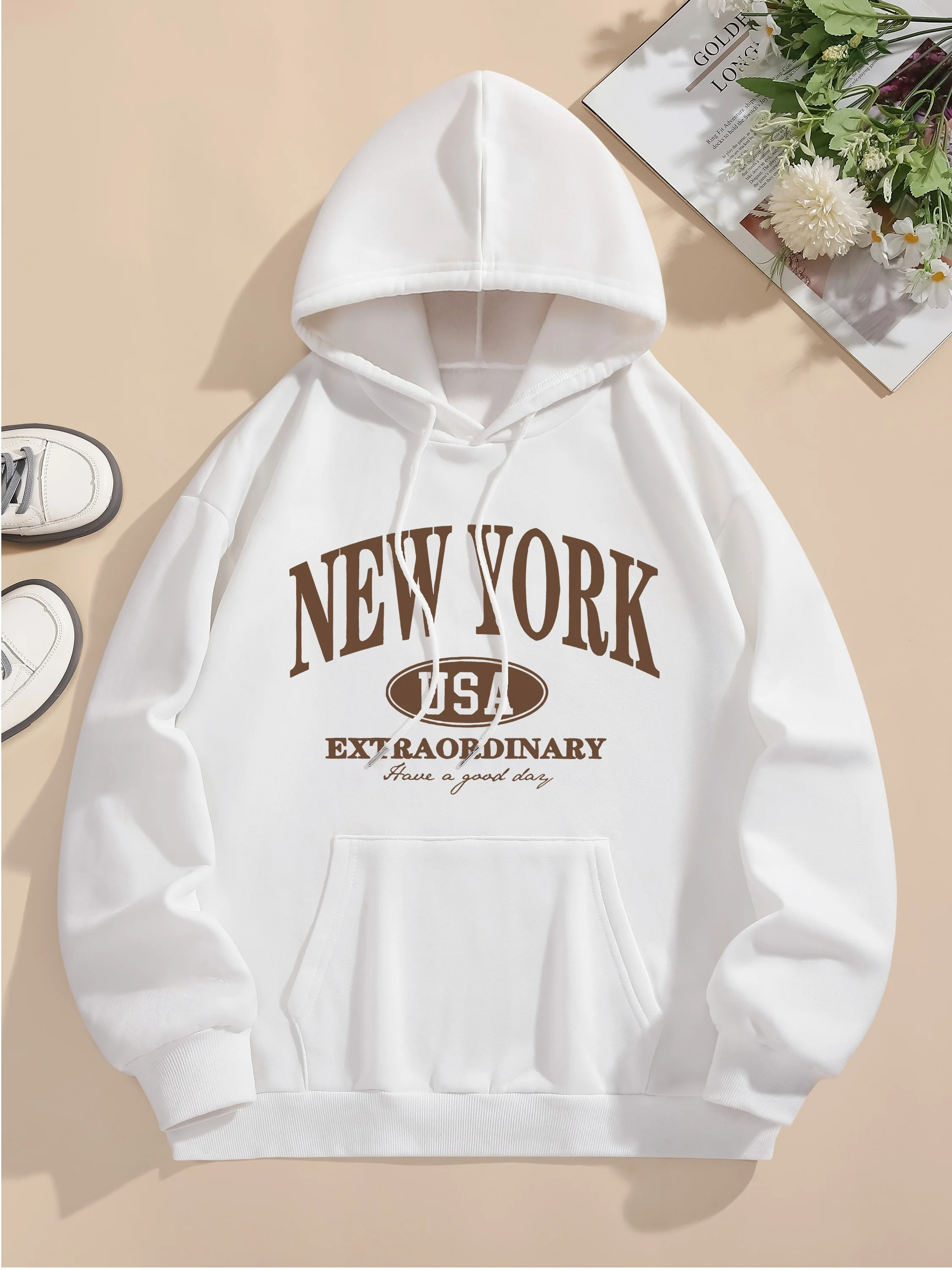 Letter Print Hoodie, Drawstring Long Sleeve Casual Hooded Sweatshirt For Winter & Fall, Women's Clothing 3